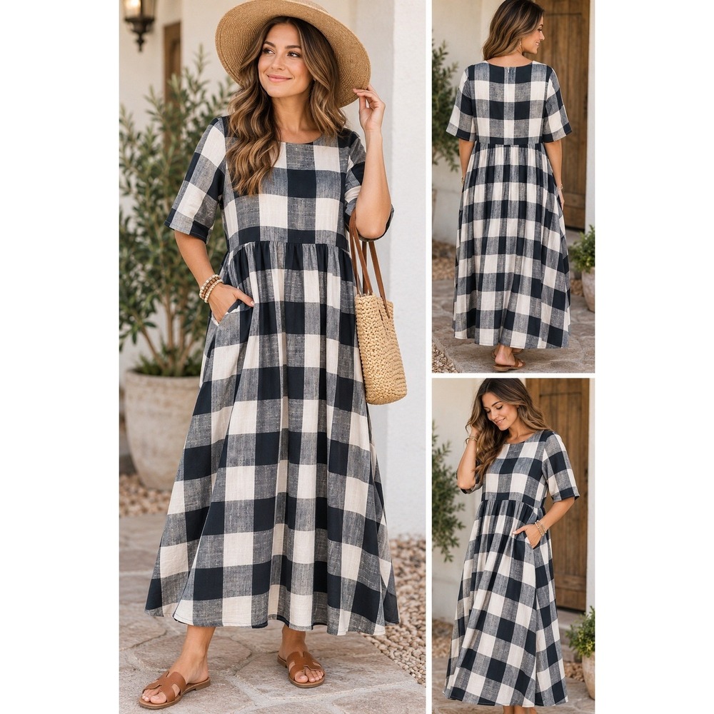 Roolee Buffalo Plaid Midi Dress Black White Gingham Large SF-17002